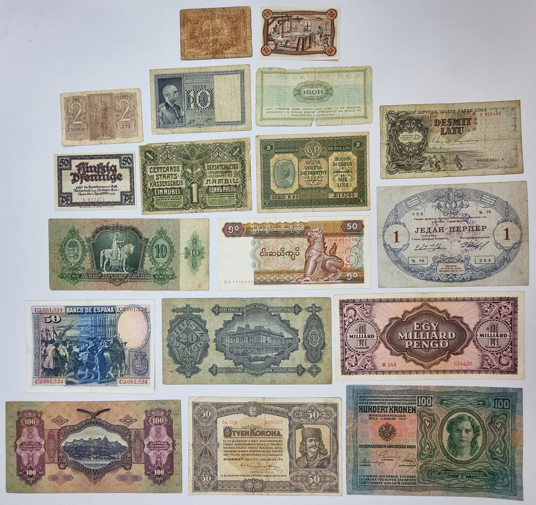 Europa - Węgry, Hiszpania, Czarnogóra, Niemcy, Łotwa, Włochy, zestaw 18 banknotów